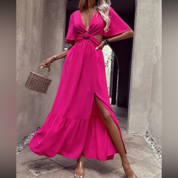 Boho cutout slit thigh batwing sleeve tie back maxi dress - Picture 5 of 16